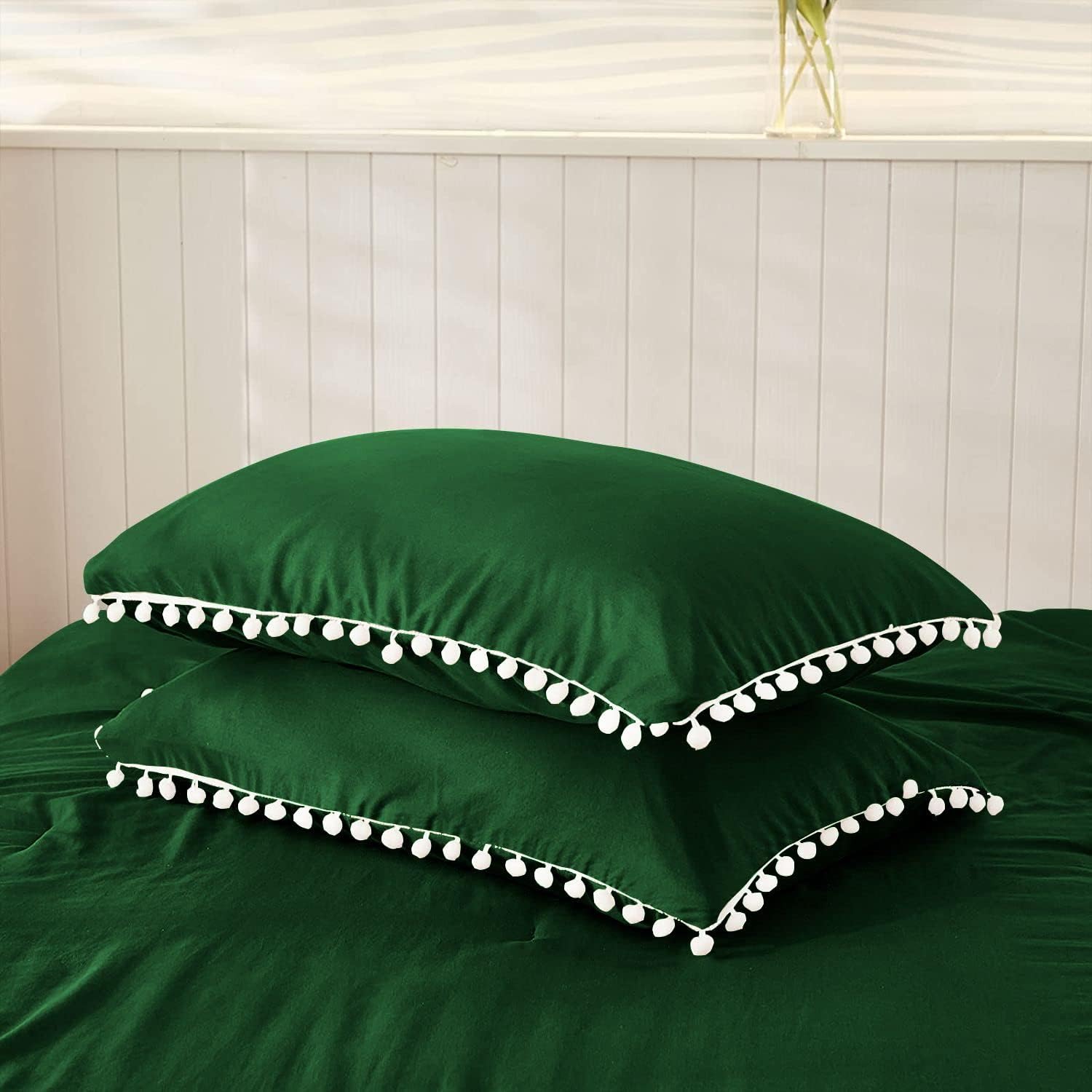 Tony's Textiles 5 Piece White Vintage Pom-Pom Fringe Plain Pattern Comforter Set, 100% Egyptian Cotton with 1000 Thread Count (Oversized Super King Size - Green Color)