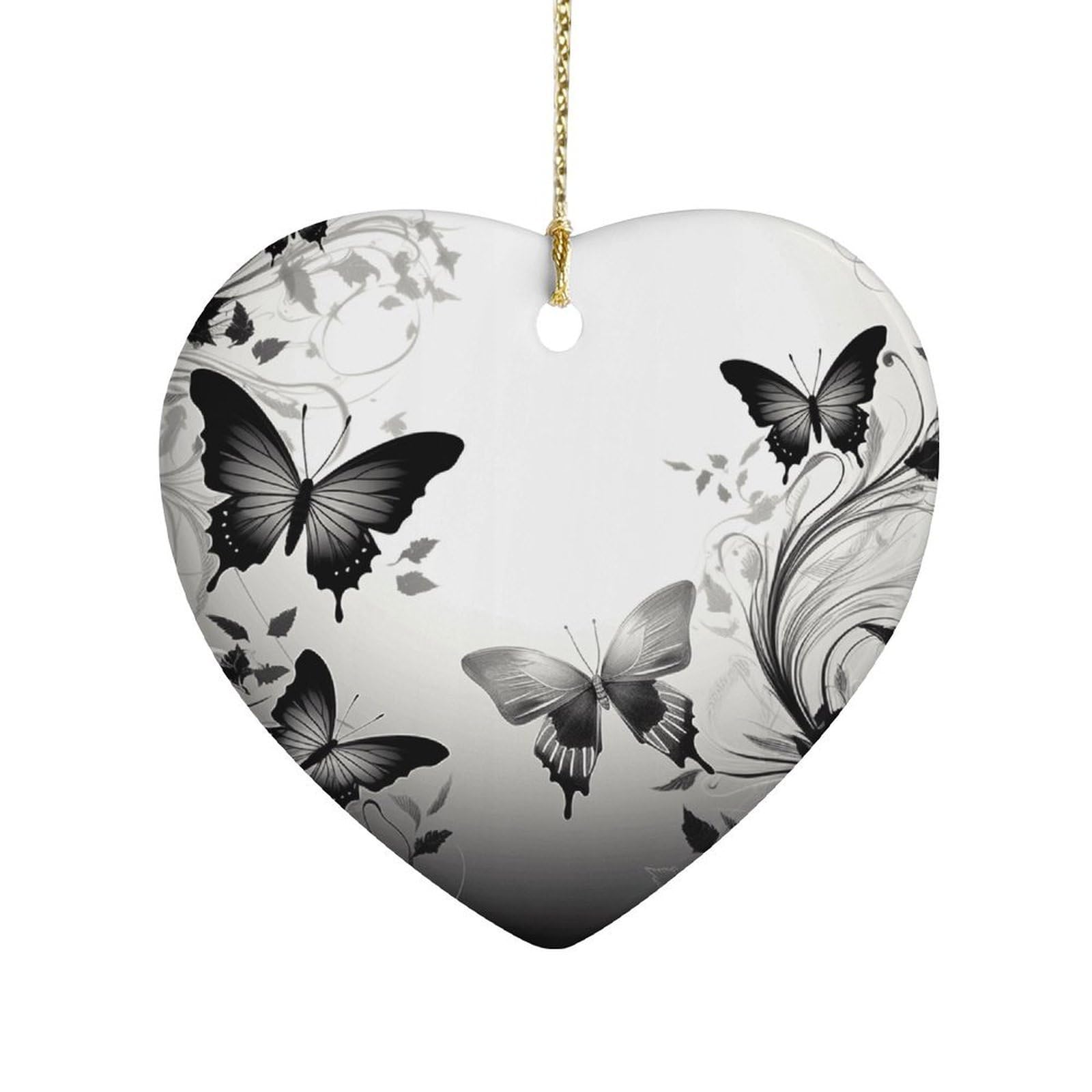 Black Gray Butterflies Heart Ornament Precious Heart-Shaped Pendant Idea Ceramic Ornaments with Gold String Personalized Heart Shaped Decoration for Outdoor Party Love