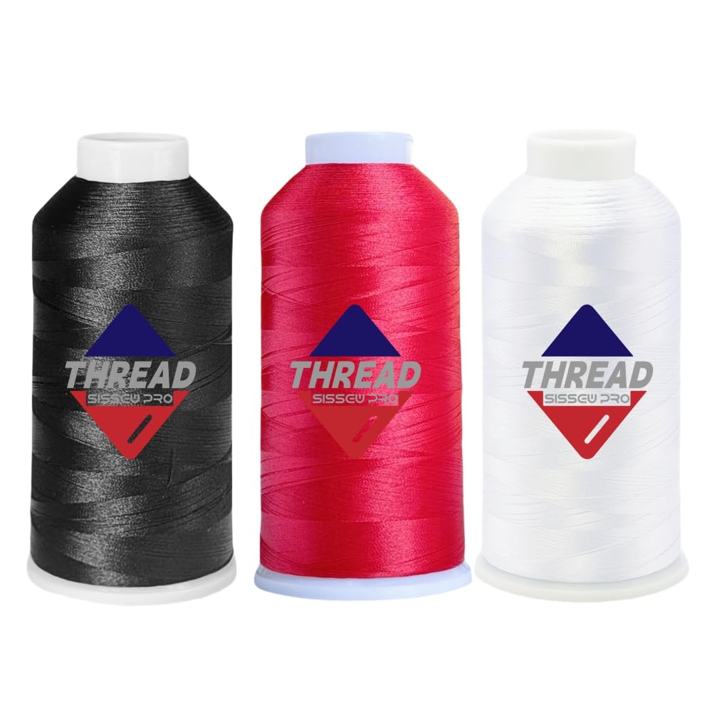 Sissewpro 40WT Machine Embroidery Thread 3 Big Spool (5,000M Each 15,000M Total) – White Black Red Polyester Embroidery Machine Thread 120D/2 for Commercial &amp; Home Embroidery Machines