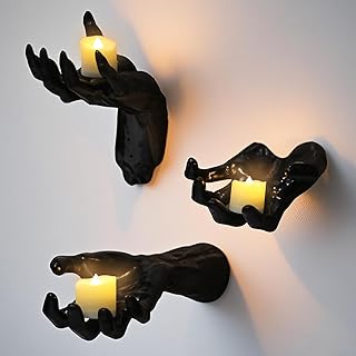 Gothic Wall Decor, Set of 3 Wall Mounted Creepy Ghost Hands with Tea Lights Candles, Spooky Goth Decor Black Horror Reaching Ghost Hands for Halloween Spooky Hainging Decorations