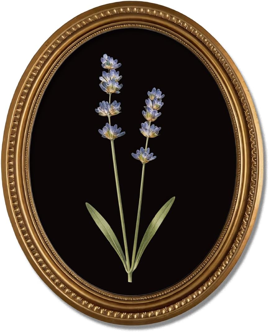 Dark Academia Lavender Botanical Oval Wall Art, Moody Vintage Floral Wood Decor, Purple Herb Artwork for Living Room Bedroom, 11.2 x 9 Inch
