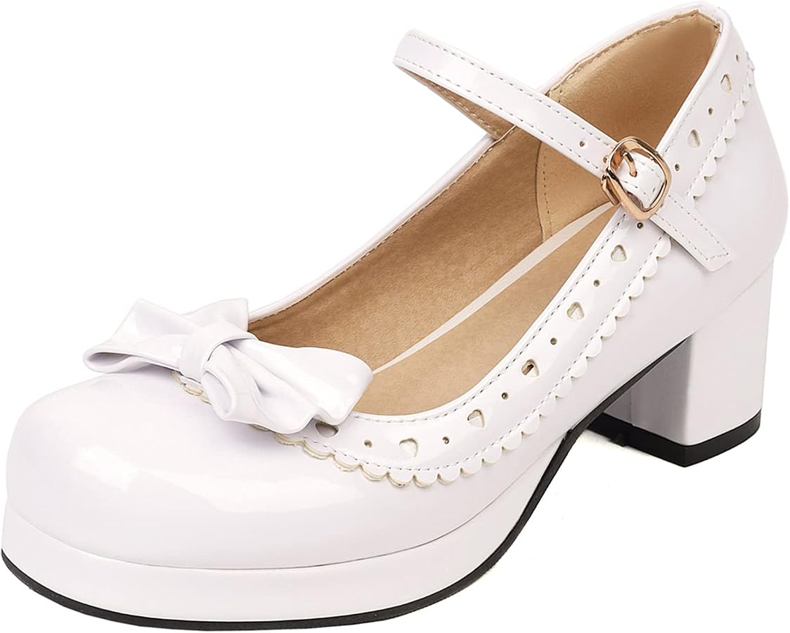 Lizoleor Mary Jane Escarpins Femme Bout Rond Avec Nœud - Talon Bloc 6.5cm