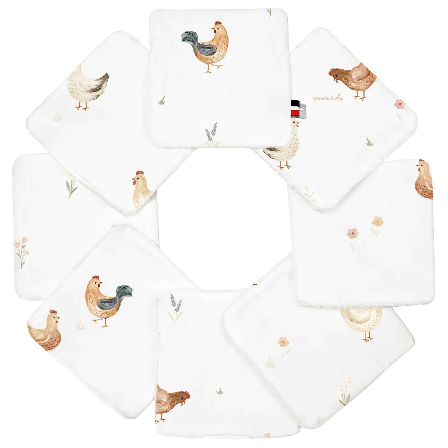 SEVIRA KIDS - Lingettes bébé lavables 8 pièces, GALLINA - 10x10 cm Made in France