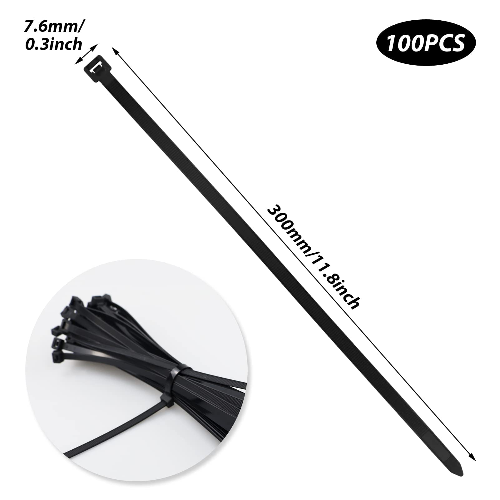 100 stuks zwarte dikke kabelbinders Heavy Duty Grote 300 mm × 7,6 mm sterke nylon plastic zelfvergrendelende 30 cm extra lange rits tie-wraps