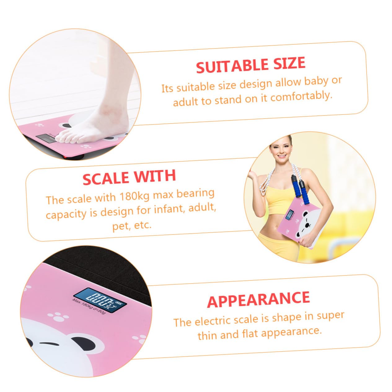 PACKOVE Bilancia Digitale Capacità Fino a 180 Kg Vetro Temperato Pesapersone Schermo Lcd Grande Design Rosa Classico e Rilevazione Temperatura per Infant e Adulti per Uso Domestico