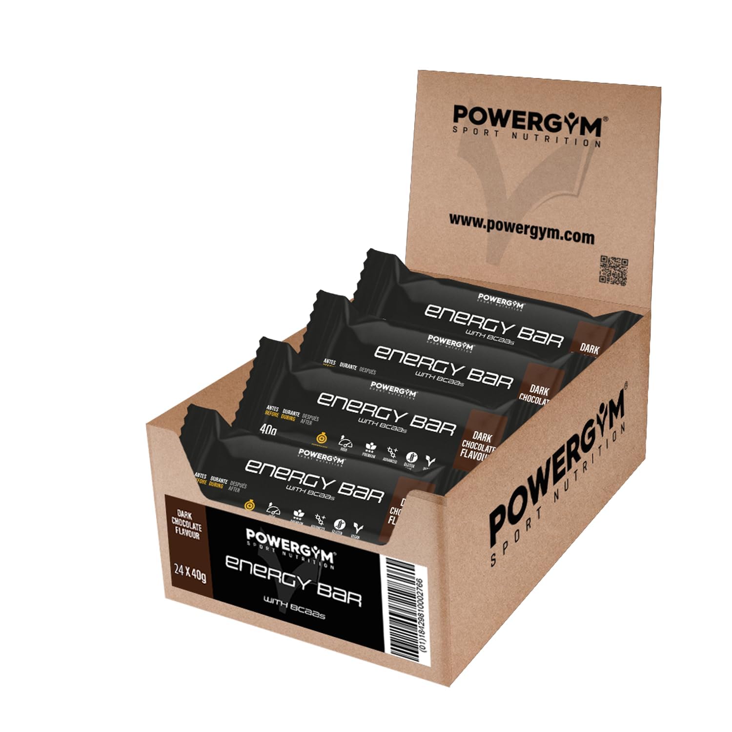 POWERGYM - Energy Bar - 24 unidades 40 g - Barritas Energéticas con Aminoácidos Ramificados - Sabor a Chocolate Oscuro