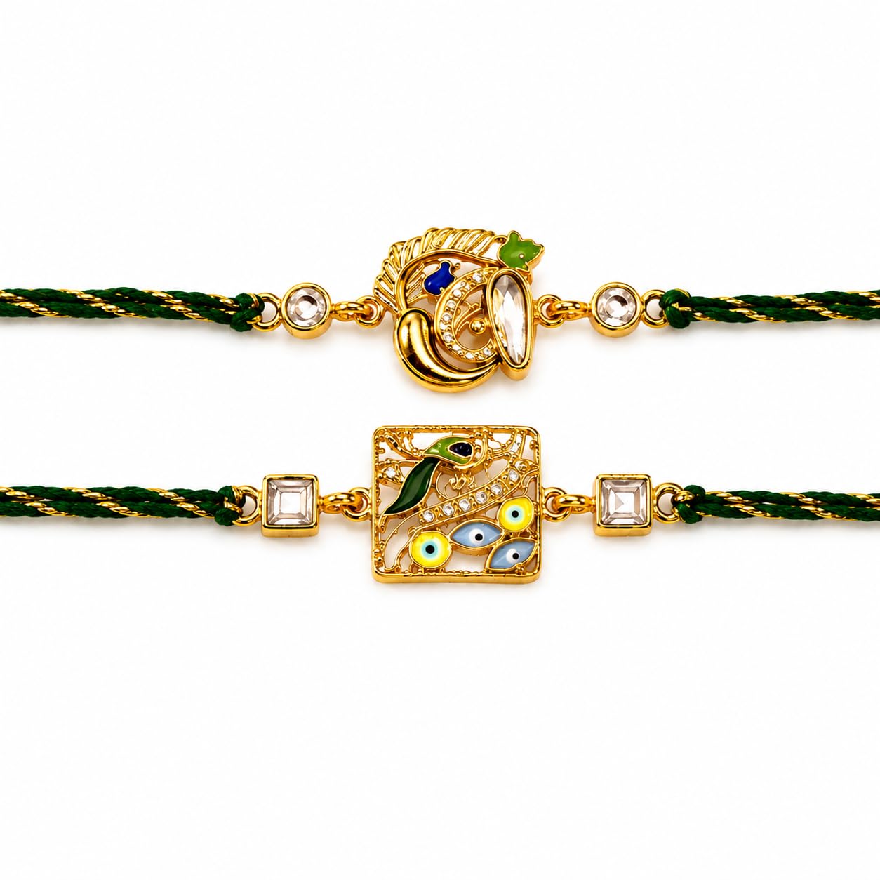 the purple tree Premium Ganesha & Peacock Rakhi Set of 2 for Brother, Kundan Studded Meenakari Designer Rakhi For Bhai, Handmade Traditional Raksha Bandhan Rakhis, Divine Rakhis for Bhai-picture-2