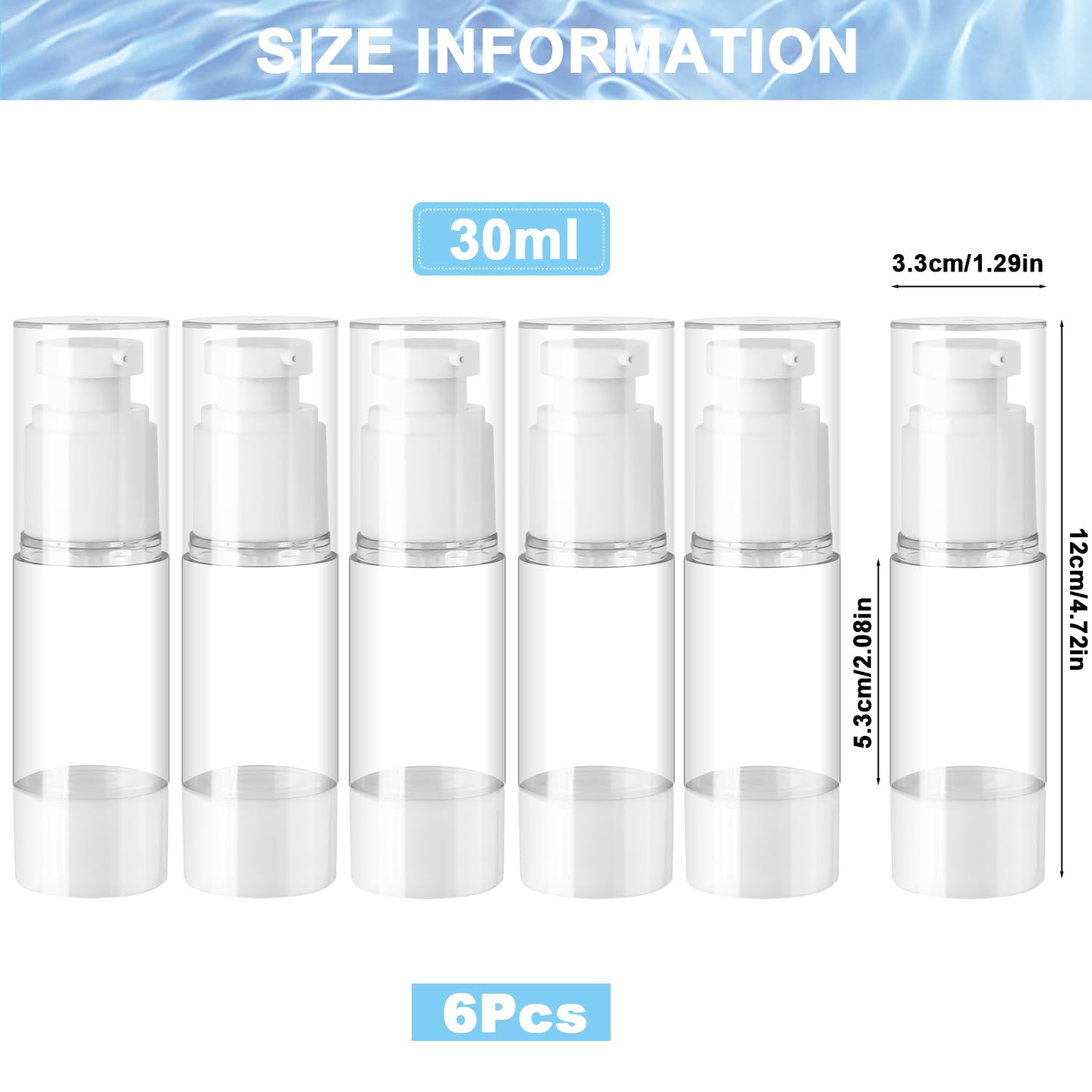 6 flaconi da 30 ml a pompa, ricaricabili vuoti, trasparenti, da viaggio, per fondotinta, essenza, crema, articoli da toeletta