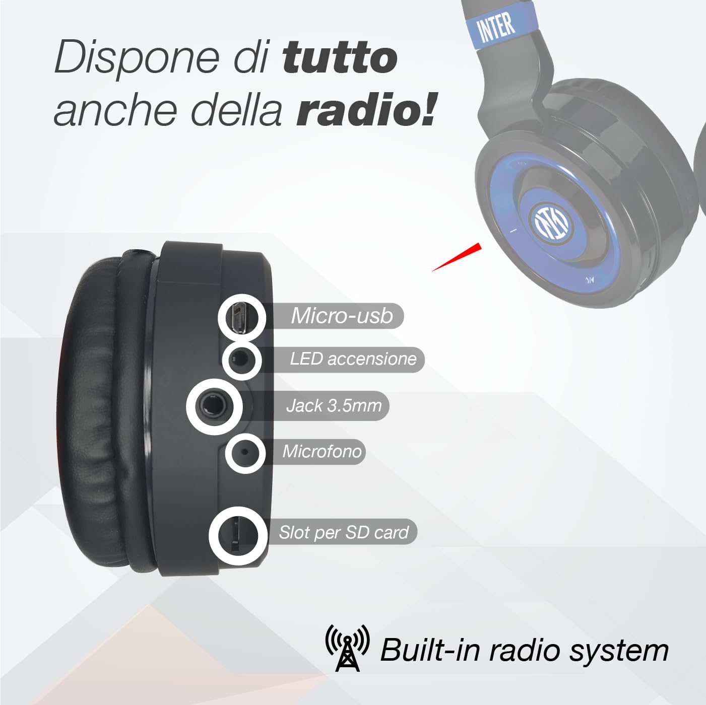 Inter -Cuffie Senza Filo Cuffie Wireless Over-Ear Bluetooth Senza Fili Pieghevoli, con Microfono Incorporato, HiFi Stereo, Micro SD Slot, FM Radio per iPhone/Android/Viaggio/PC (+ power bank 4500)