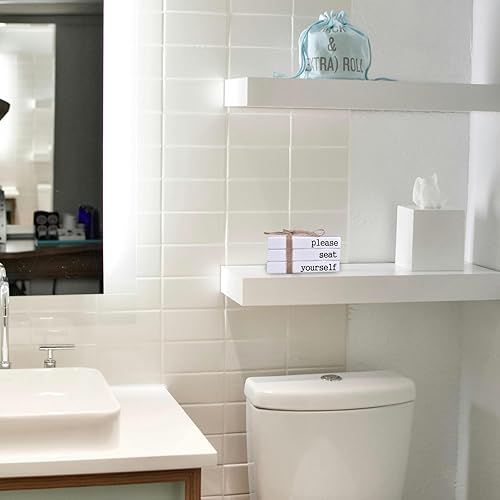 Vista 3 de Restroom Bathroom Decor for Shelves, Funny Wooden Farmhouse Mini Book Stack for Bathroom Toilet Shelf Sign Decor Two-Sided Tabletop Decorative Set