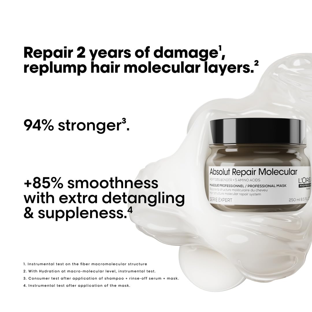 L'Oréal Professionnel Absolut Repair Molecular Deep Repair Maschera riparatrice per capelli danneggiati | Ripara fino a 2 anni di danni in 1 uso | Maschera professionale per capelli con 2% peptidi