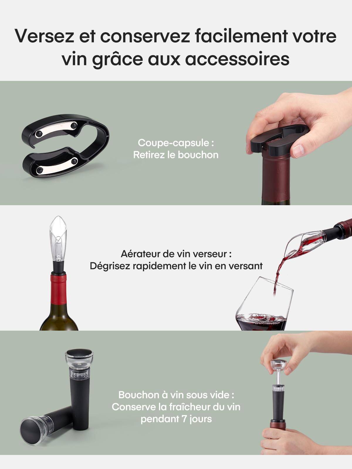 FOHERE Tire Bouchon Électrique Rechargeable, Ouvre Bouteille Electrique avec Socle Chargeur, Coupe-Capsule, Aérateur de Vin, Bouchon en silicone sous vide, Câble USB