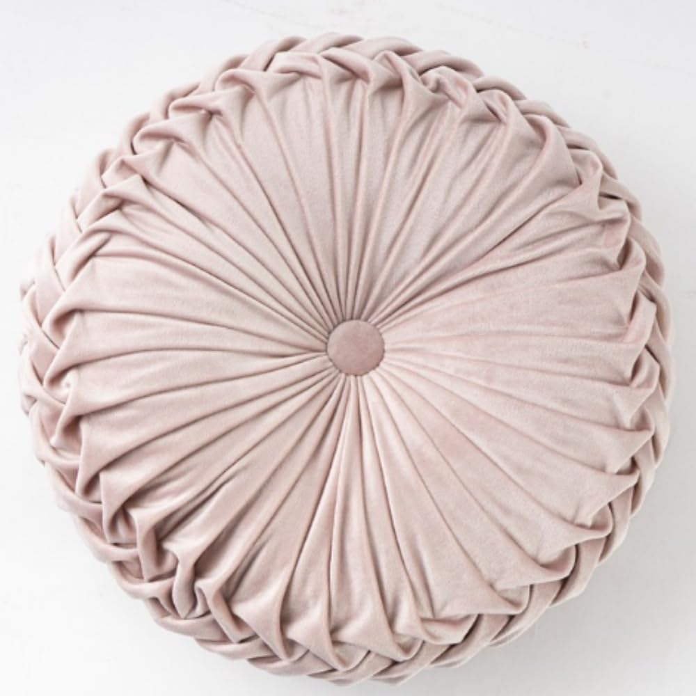 OUKEYI Cojín redondo de terciopelo de color puro de 13.8 pulgadas, cojín redondo plisado, almohada de calabaza, adecuado para decoración del hogar, cama y coche (rosa)