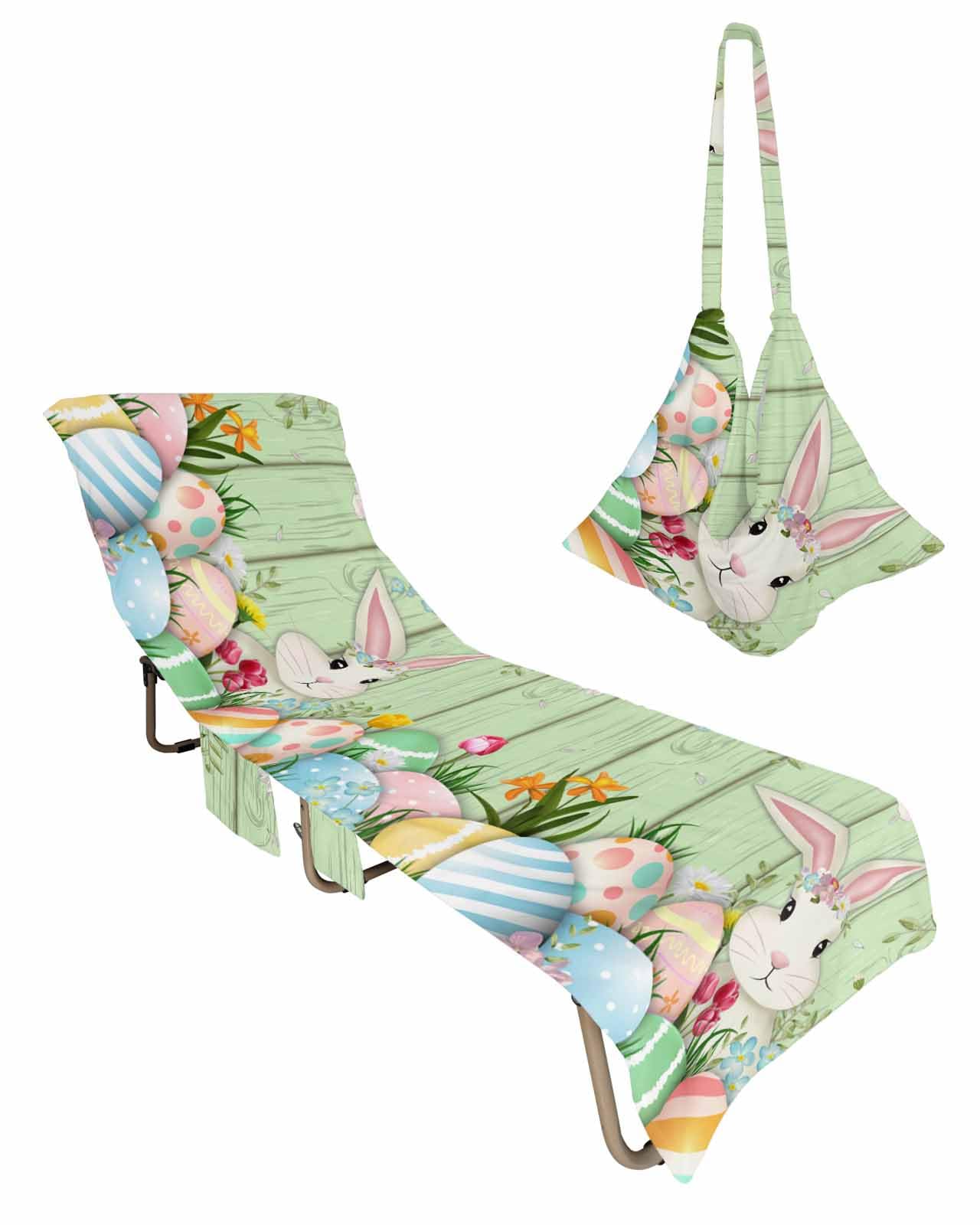 Teal Bunny Easter Beach Lounge Chair Towel Cover, Soft Chaise Lounge Towel with Side Pockets Patio Pool Chairs Cover for Beach/Pool Sunbathing 29x85 Easter Eggs Spring Floral Botanical