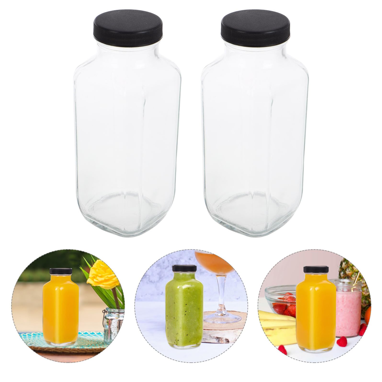 Set 4 Bottiglie Riutilizzabili in Vetro da 500 Ml con Coperchi, Design Quadrato Portatile e Forma Stabile per Latte, Succhi e Bevande, per Ufficio e Idratazione in Riutilizzabile