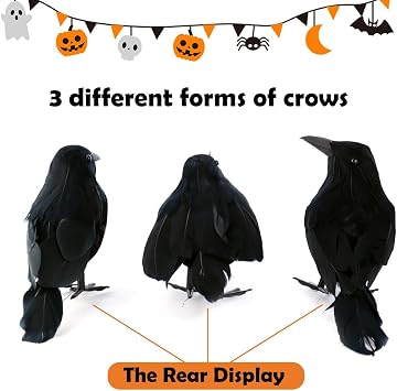 3 Pcs Black Feathered Crows Realistic Halloween Decorations Indoor Outdoor