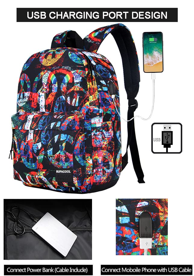 Image of SUPACOOL Casual Laptop Backpack for Men and Women, School Backpack for Boys and Girls, College Bookbag, USB Charging Port, Lightweight Back Pack(Peace)