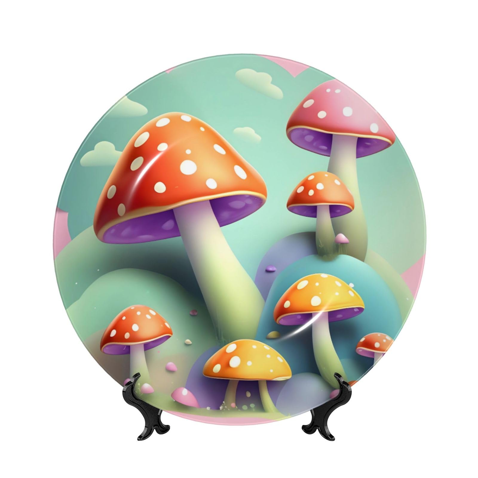 SXZVVBN Dreamy Little Mushroom Bone China Decorative Plate Art with Stand Removable Adhesive Hanging for Home Office 7in