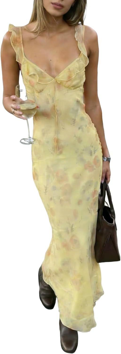 ANKOMINA Women's Floral Printed Maxi Dress Spaghetti Strap V Neck Ruffle Hem Bodycon Dress Holiday Beach Dresses