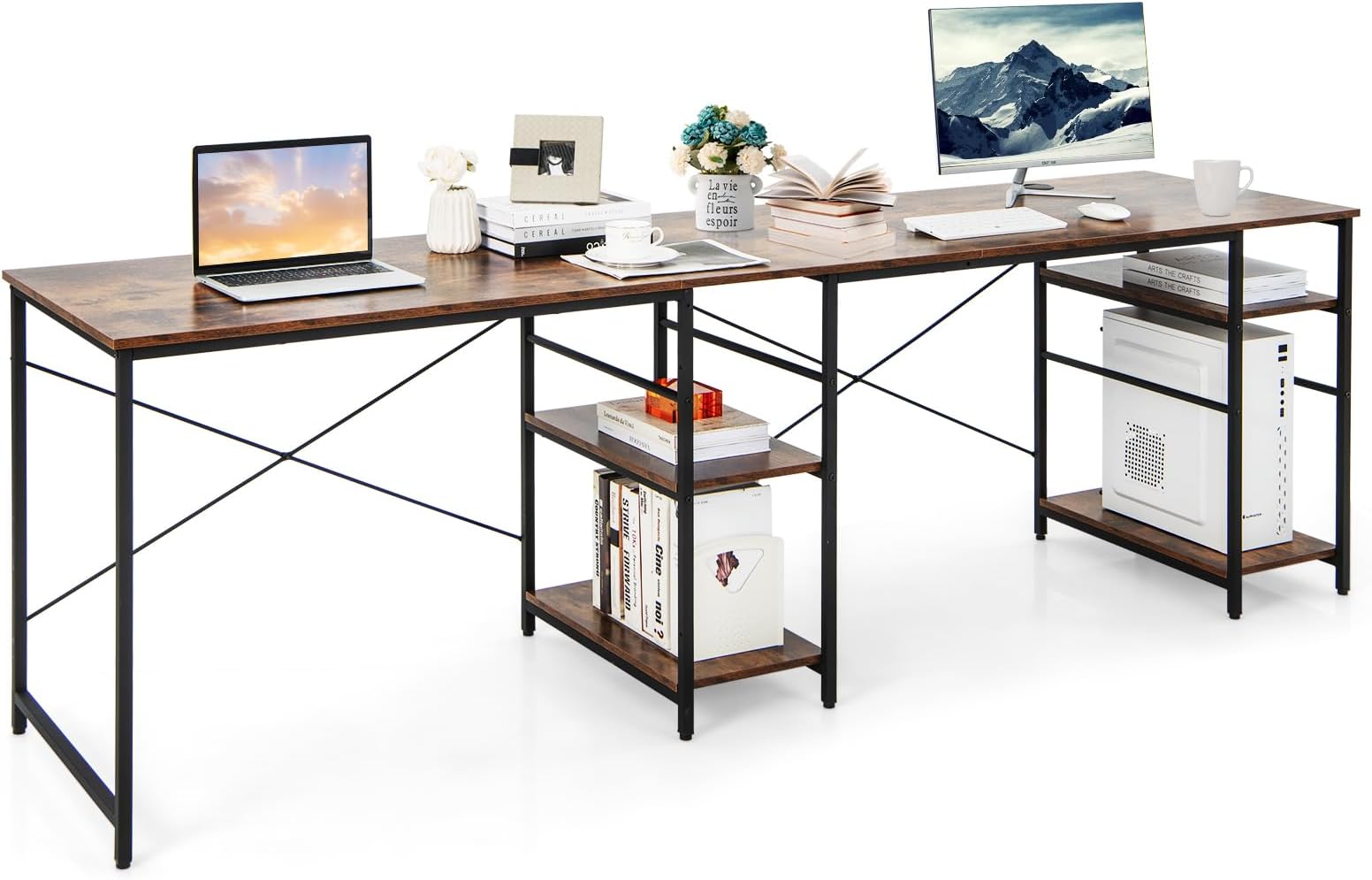 GLOBALWAY L-Shaped Home Office Desk, Corner Computer Desk w/Monitor Stand, Reversible PC Desk w/Heavy-Duty Metal Frame, Long Office Desk for 2 Person, Space-Saving Design (Rustic Brown)