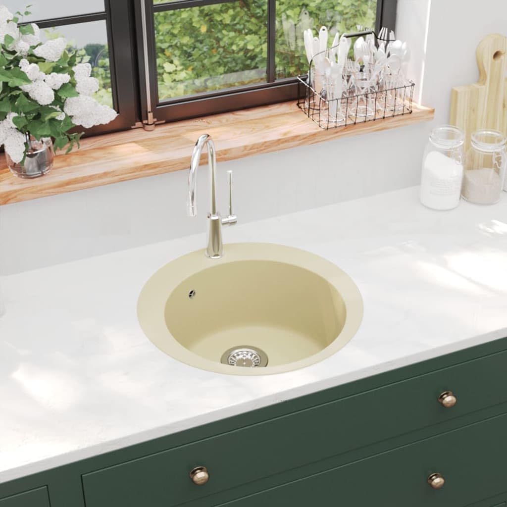 Fregadero de granito redondo beige de 80% cuarzo y 20% resina, 505 x 505 x 290 mm, con cesta colador, resistente al calor y a los arañazos