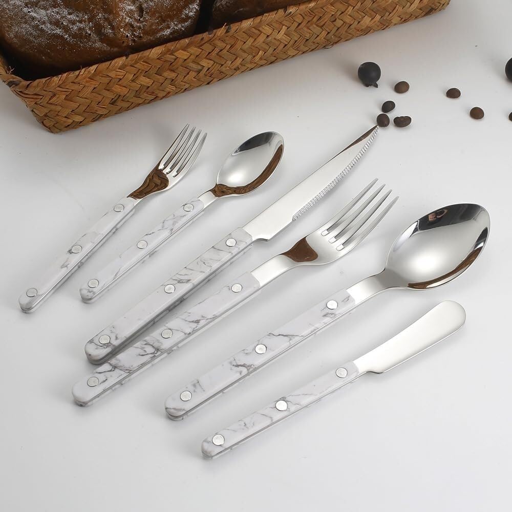 YUZGUHEY Silverware set 6/24Pieces Clip Handle Nails Tableware 304 Stainless Steel Spoon Acrylic Knife Fork(White,1Set 6Pcs)