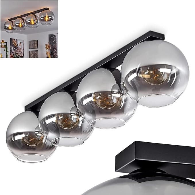 hofstein Koyoto plafondlamp, moderne plafondlamp van metaal/glas in zwart/rook/helder, 4-lamps retro/vintage design lamp met glazen kappen (Ø 30 cm), 4 x E27, gloeilampen niet inbegrepen