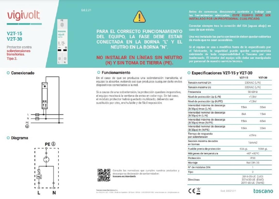 RASMACOR | TOSCANO V2T-15 | Protector Contra Sobretensiones Transitorias Monofásico | F+N 240Vac - 15KA Clase II | Toscano vigivolt 10002463 | 1 Módulo