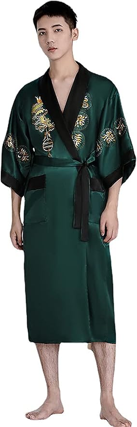 Bon amixyl Badjas, uniseks, Japanse kimono, Chinese draak, pyjama, cardigan, kimono's, ochtendjas, satijn, badjas, Blauw, S