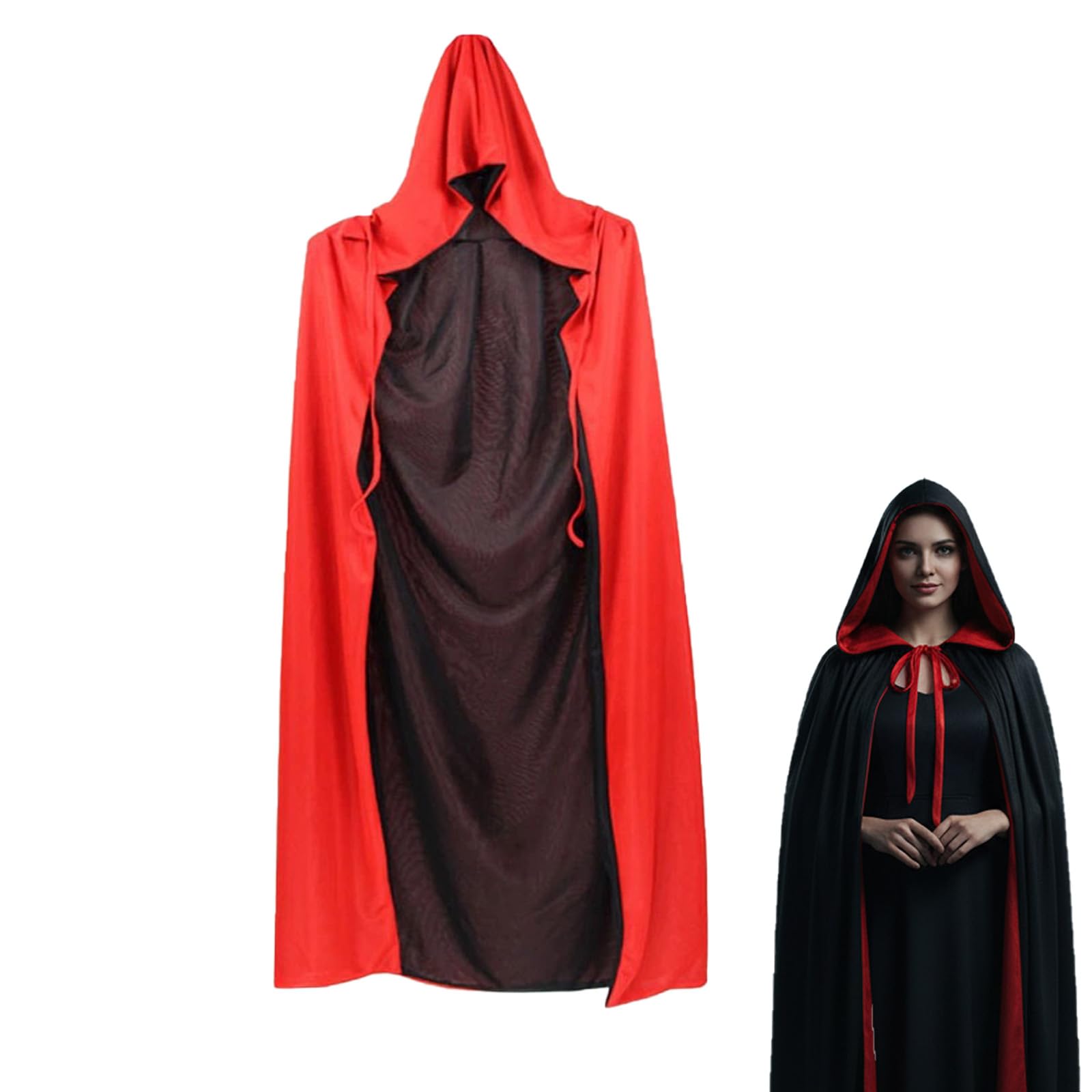 EujRcf Red Cape Cloak, Halloween Vampire Cloak Cape, Unisex Black Red Hooded Reversible, World Book Day Vampire Wizard Role Playing, Hood Party Fancy Dress Outfit (140cm/55in)