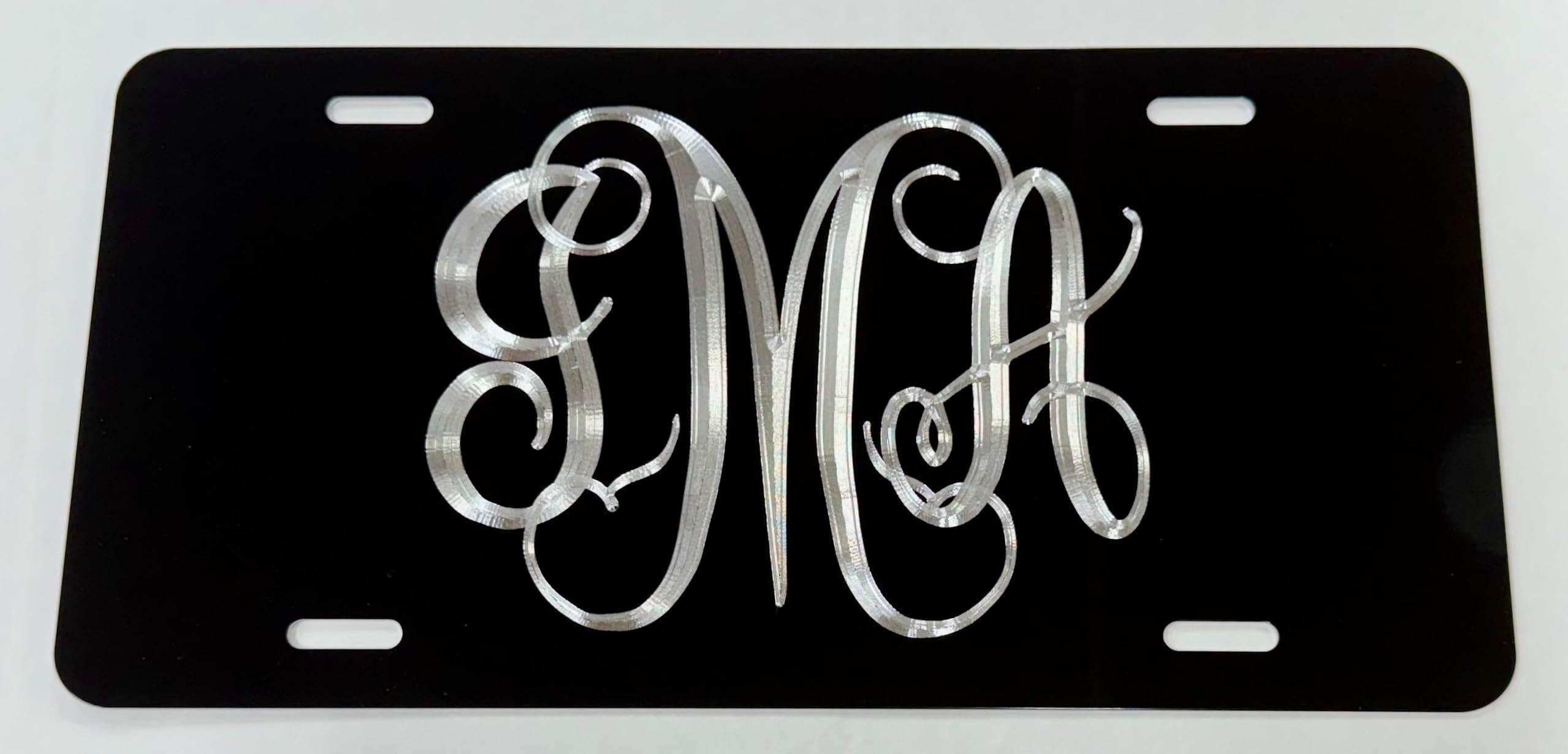 Engraved Personalized Monogram License Plate Diamond Etched Black Aluminum Custom Vanity Front Car Tag Gift