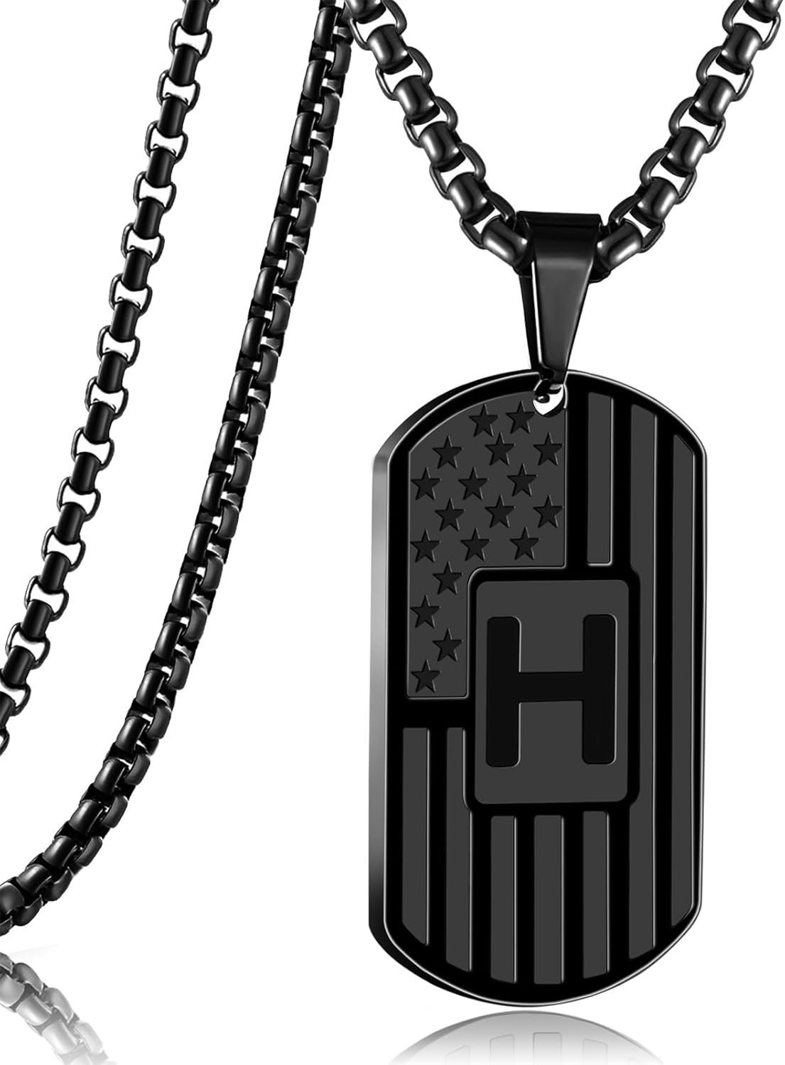 RWQIAN American Flag Initial Dog Tag Necklace for Men,Stainless Steel Letter A-Z with 24 Inch Chain Military Pendant Necklace Gift for Valentine's Birthday Christmas Anniversary Fathers Day