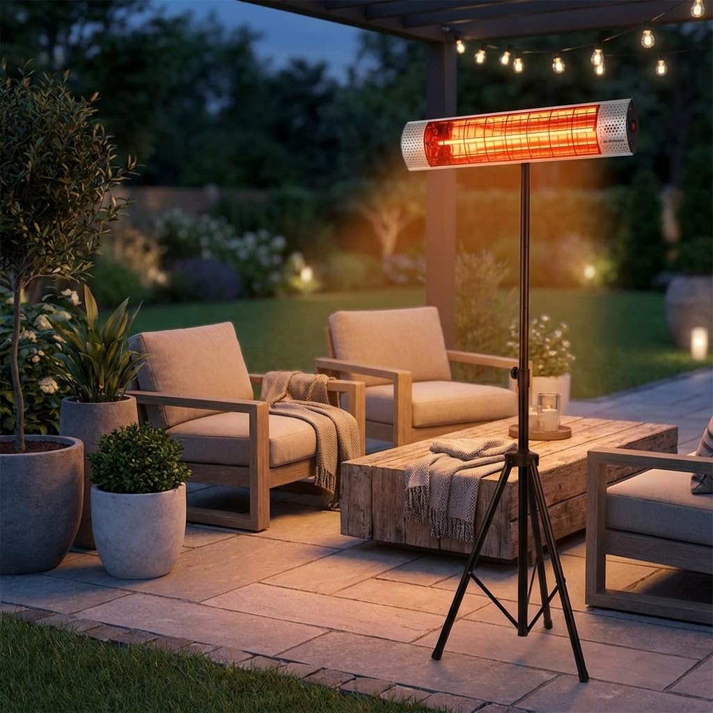 Suinga Pack Estufa de Terraza Infrarojos 2000W, Radiador Eléctrico Interior-Exterior + Tripode Ajustable hasta 210 cm