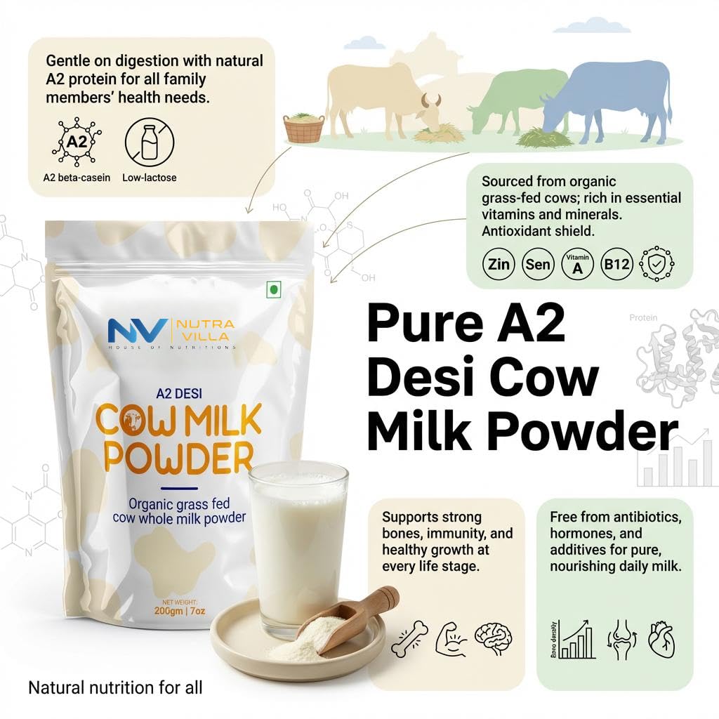 NutraVilla A2 Desi Cow Milk Powder 200g (7 oz) | Whole Milk Powder from Indian Desi Breeds (Gir, Tharparkar,Sahiwal, Rathi) | Rich & Creamy Taste | No Antibiotics, No Hormones