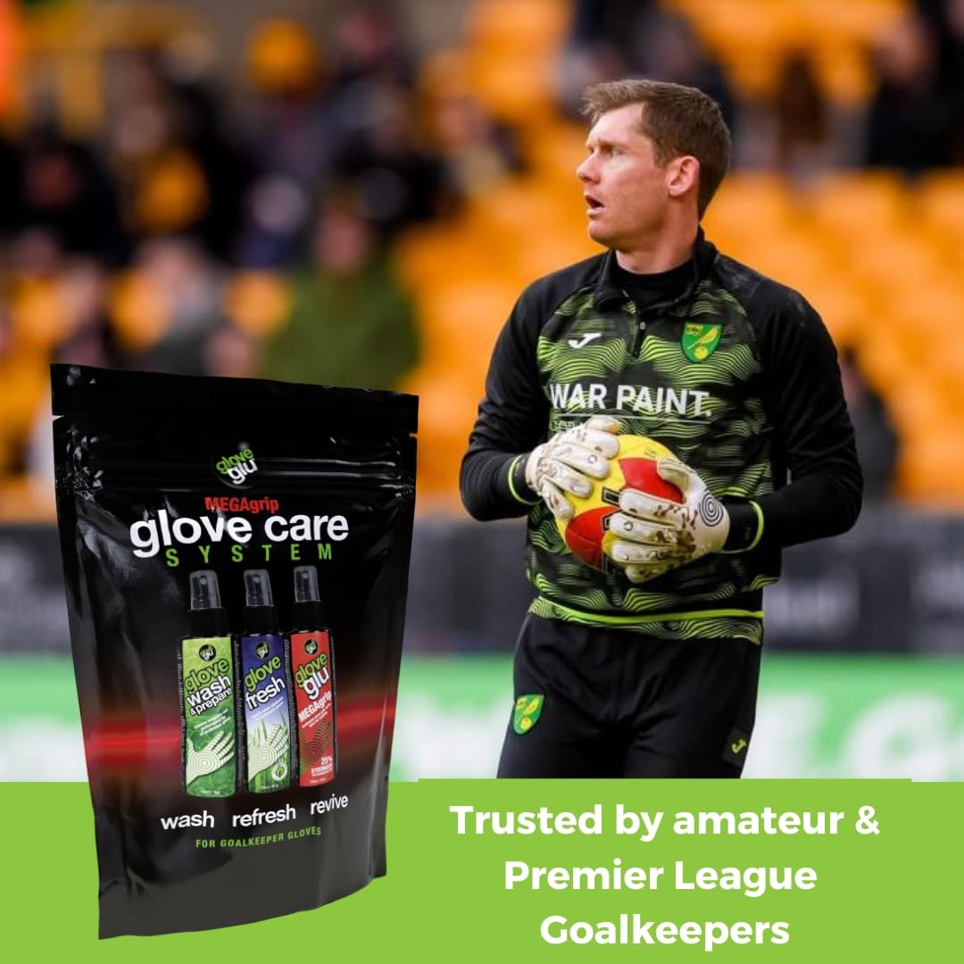 gloveglu MEGAgrip Système d'entretien des gants, Ensemble de gardien de but en 3 étapes, Gloveglu MEGAgrip, Lavage et préparation des gants, Glove Fresh, 3 x 120 ml de sprays pour gants