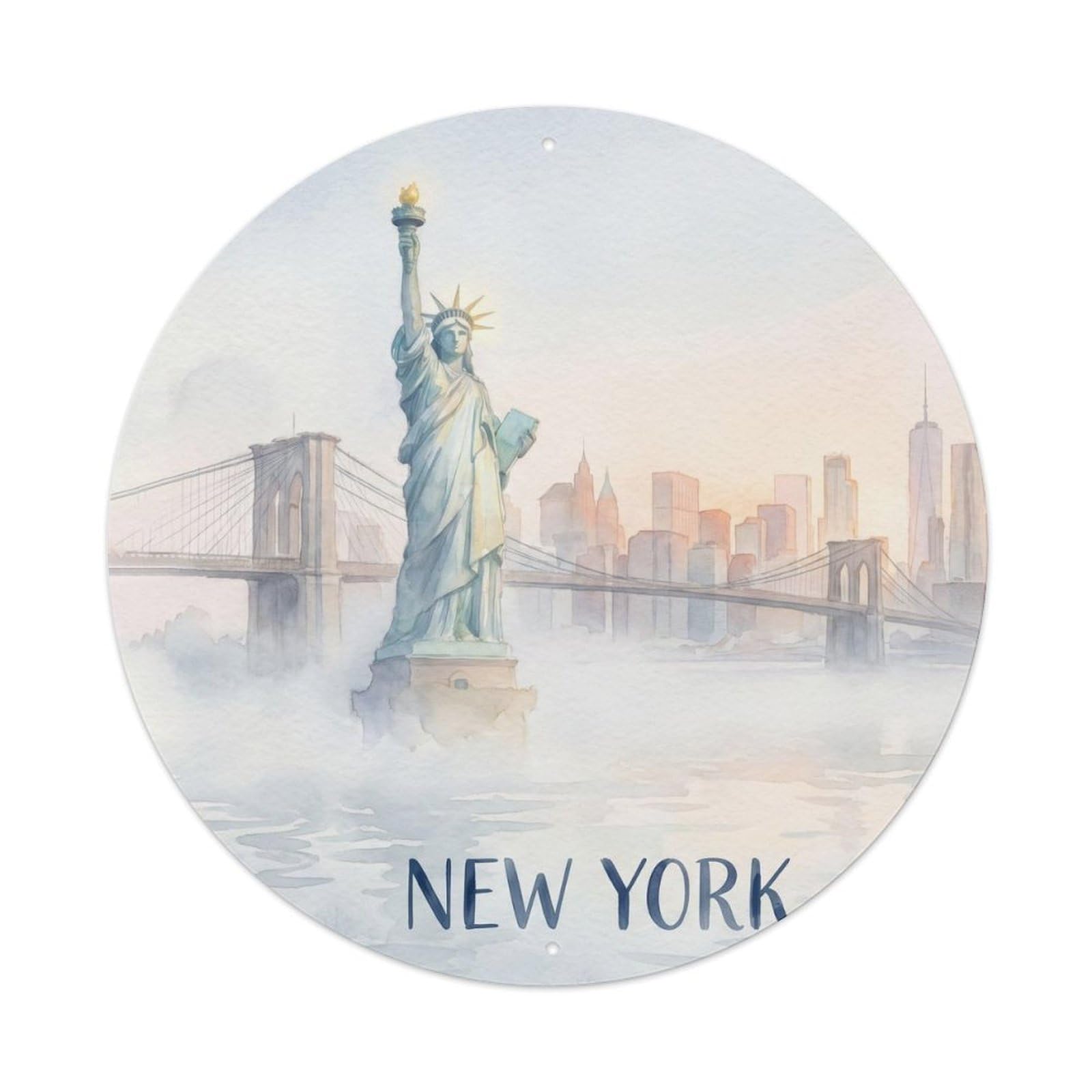 New York Soft Color Historic Travel Cityscape Landmark Metal Tin Sign Plaque Wall Decor for Cafe, Man Cave, Club Bar, Office, Home Garden Round Metal Poster 8x8Inch