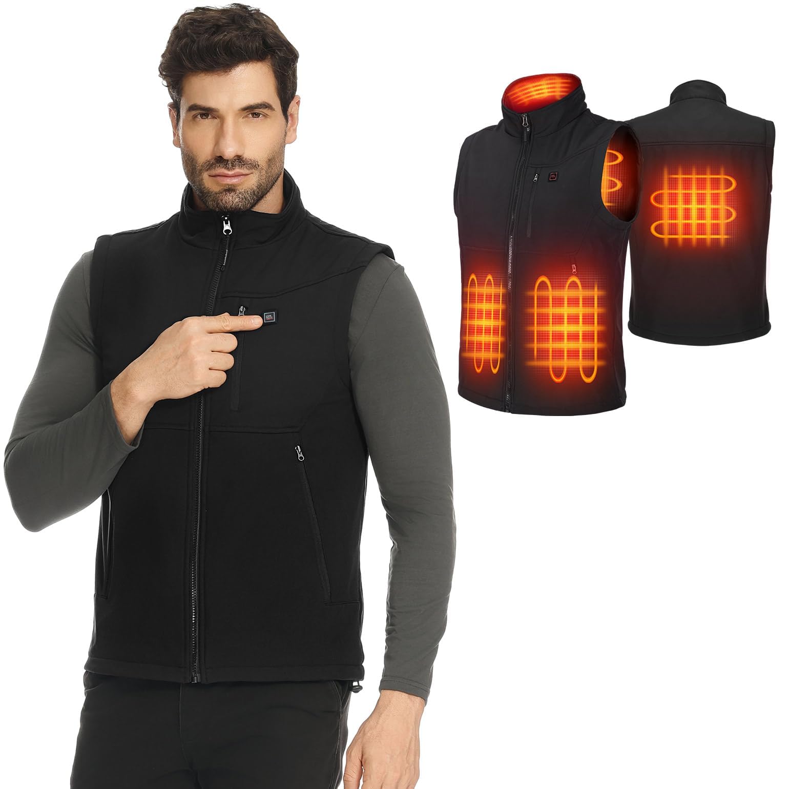 KEMIMOTO Chaleco Calefactable, Chalecos Impermeable Térmicos APP Exclusiva y Batería de 10000 mAh, Tejido Softshell Tela a Prueba de Viento 3 en 1, 4 Zonas de Calor Moto Esquí Senderismo