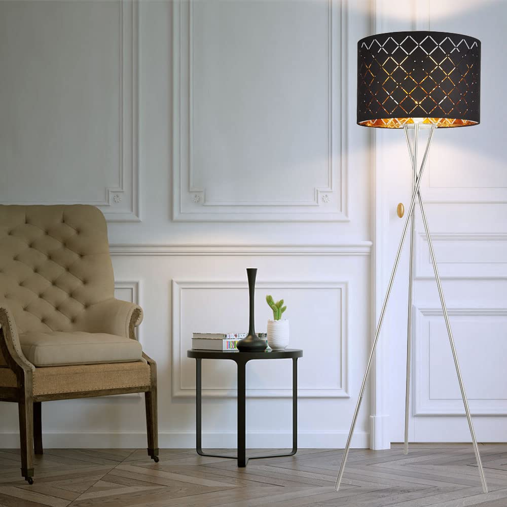 Stehlampe Textilschirm schwarz gold Beistellleuchte 3 Bein Stativleuchte Textil, Nickel matt, E27 Fassung, DxH 62x158 cm