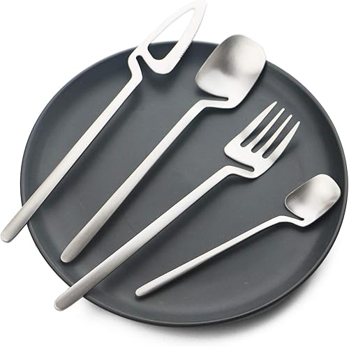 Miniatura 3 de Juego de cubiertos plateados mate de acero inoxidable con acabado satinado para 6, 24 cucharas y tenedores, apto para lavavajillas (plata mate)