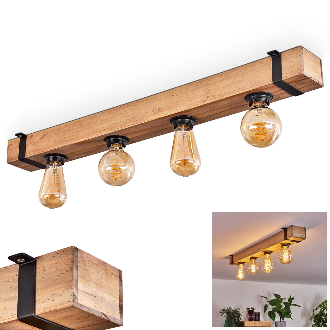 HOFSTEIN Deckenleuchte Montgomery, Deckenlampe aus Holz/Metall in Natur/Schwarz, moderne Leuchte im skandinavischen/Boho/Industrial-Design mit Holzbalken, 4 x E27, Schlafzimmer, Wohnzimmer, Esszimmer