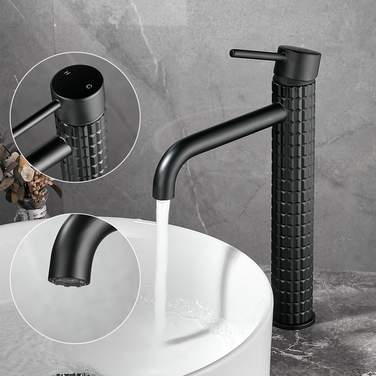 Waschtischarmatur, modern, Wasserhahn, Waschbecken, hoch, schwarz, Badezimmer-Armatur, Einhebel-Wasserhahn, Handwaschbecken, warm und kalt