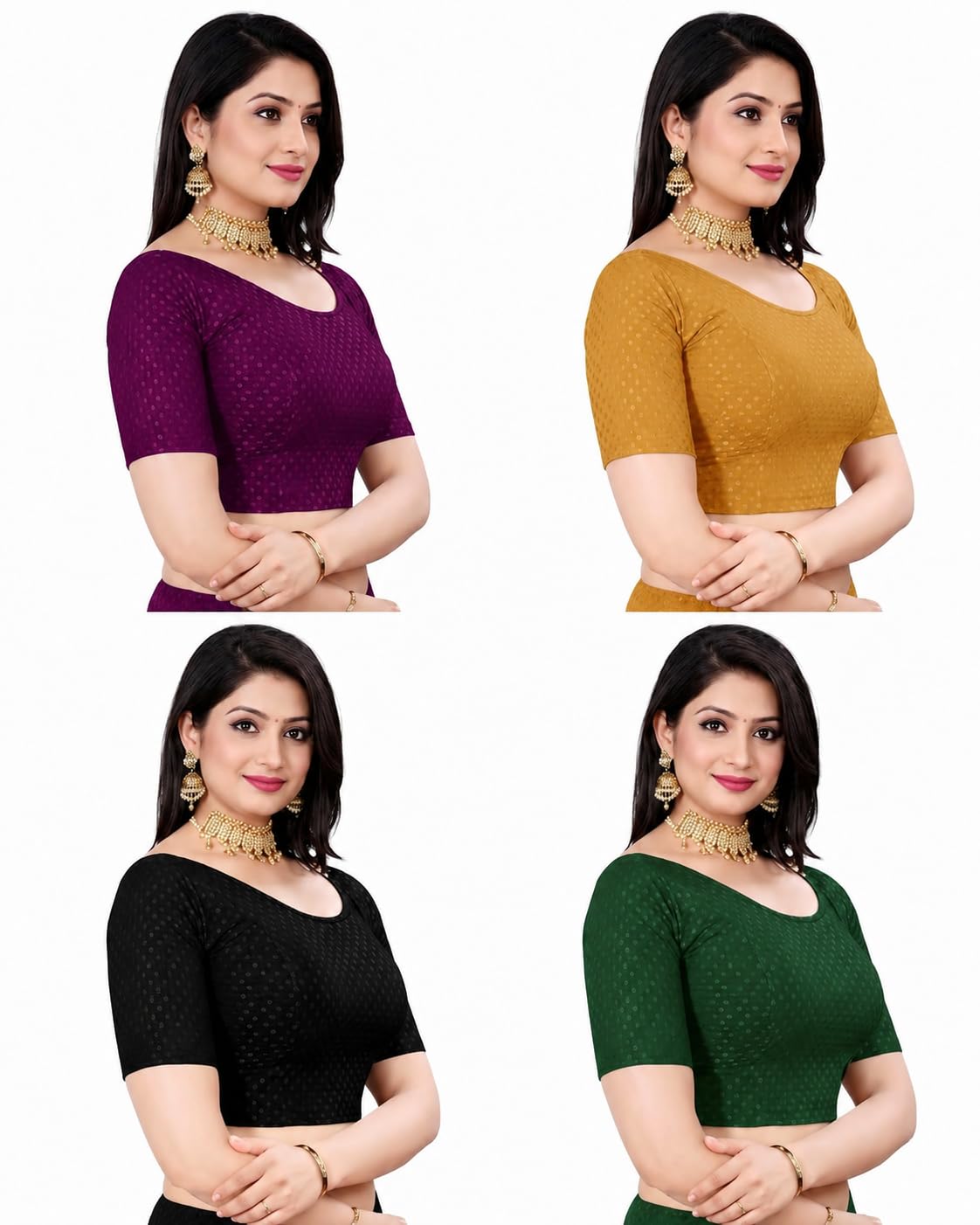 Women’s Stretchable Readymade Saree Blouse for Women | Textured Design | Round Neck | Elbow Sleeve | Soft & Comfortable Fit | Ethnic Traditional Blouse (Pack of 4)-picture-36