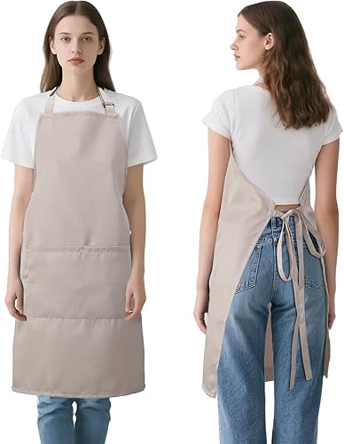 Delantal de cocina para mujeres y hombres con bolsillos, delantales de arte de chef para cocinar, pintura, cerámica, cerámica Beige