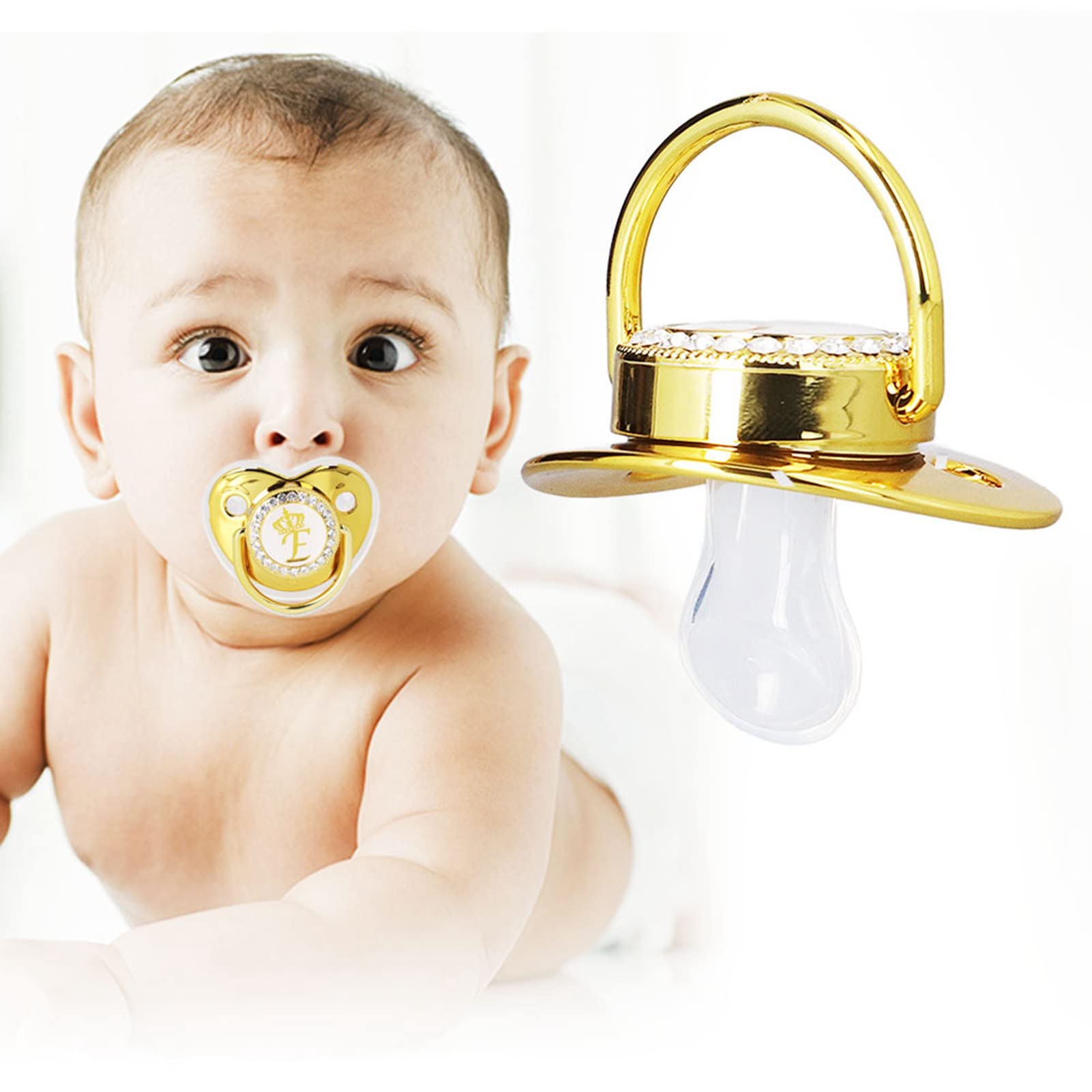 Baby Pacifier and Clips, Bling Golden Letter Infant Newborn Pacifier with Protecitve Cover for Boys Girls 6-18 Months Home Travel(E)