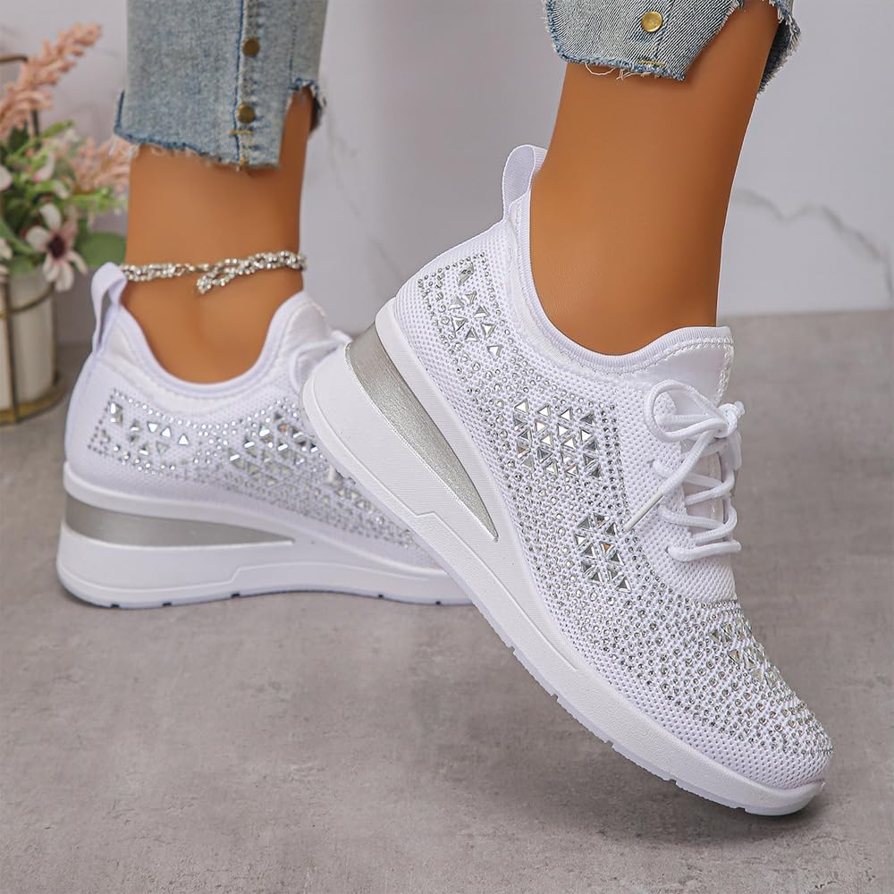 Women's Glittery Rhinestone Fashion Breathable Wedge Sneakers, Bling Sparkly Wedding Dressy Knitted Tennis Shoes