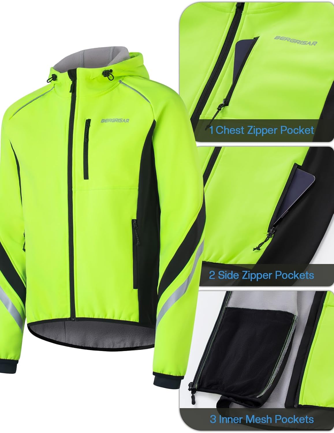BERGRISAR Winter Cycling Jackets for Men Thermal Fleece Water Resistant Windbreaker Hood Bike Bicycle Biking Jackets - Image 3