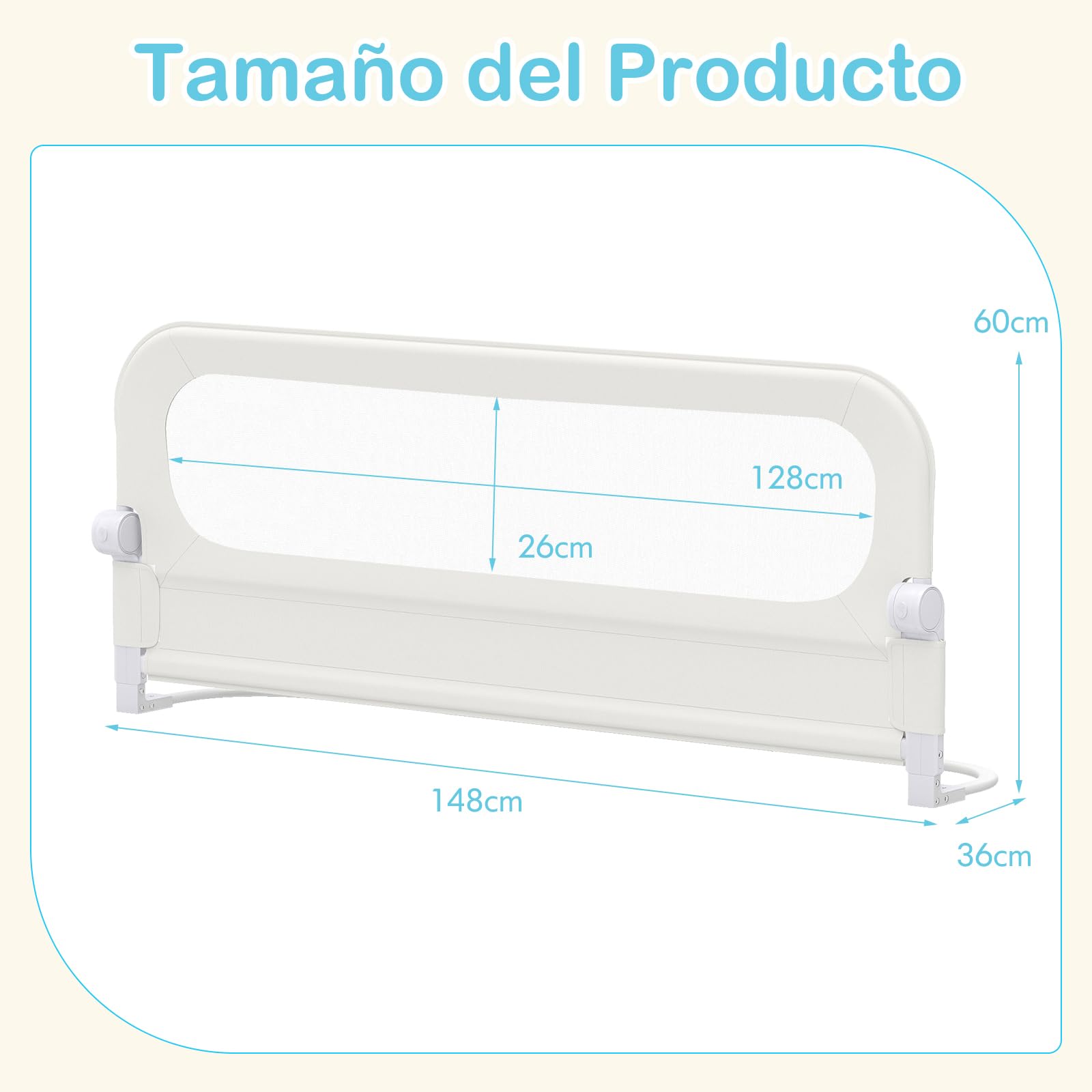 COSTWAY Barrera Seguridad Niños, Barandilla Plegable para Cama, Barandilla de Seguridad Ajustable dcon Funda Extraíble de Tejido Oxford y Base Robusta en Forma de U (Blanco,150 x 60 cm)