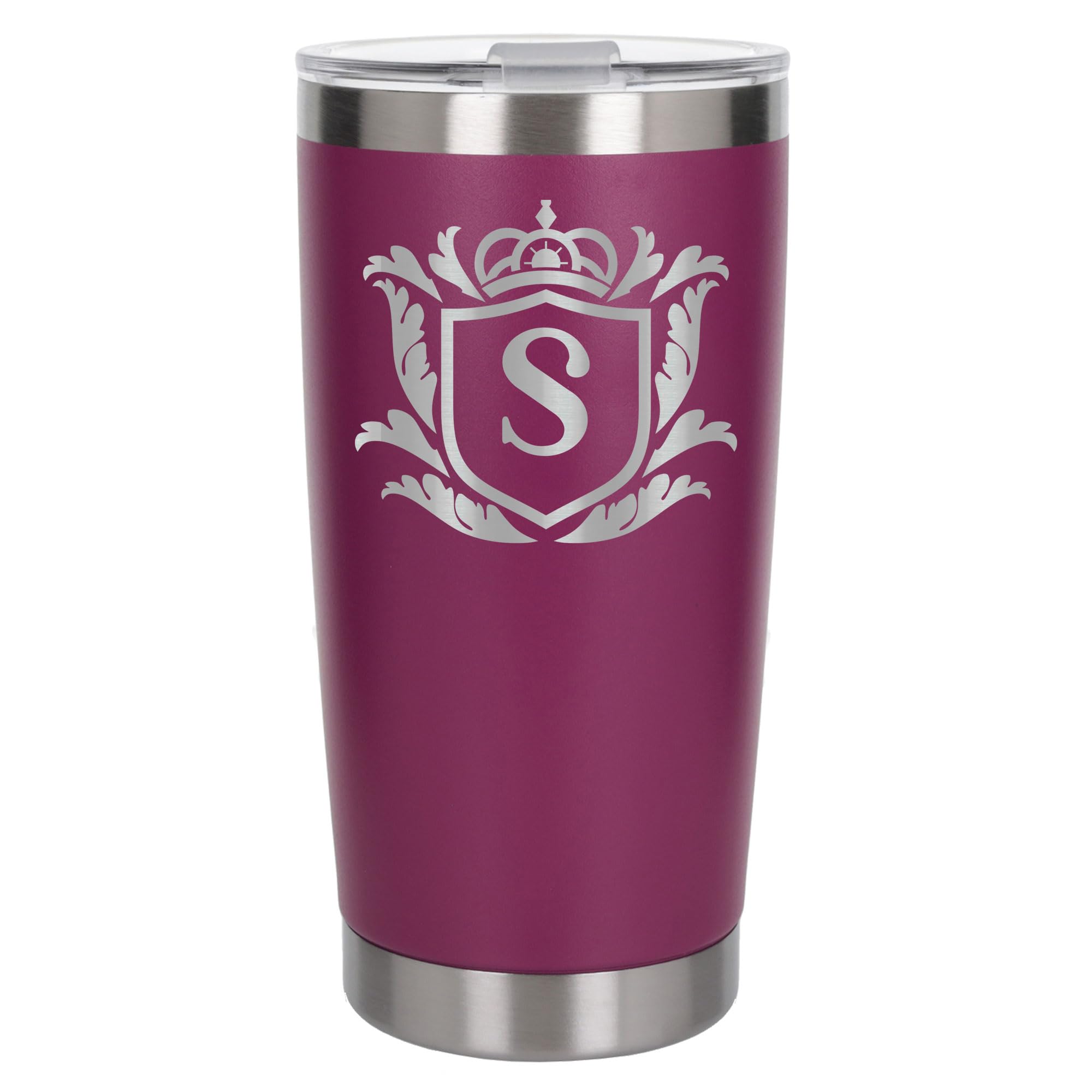 Customised Gifts 500ml Engraved Shield Initial Monogram Insulated Personalised Dark Pink Travel Mug for Men and Women - Personalised Initial Coffee Travel Mug for Hot and Cold Beverages, Letter S