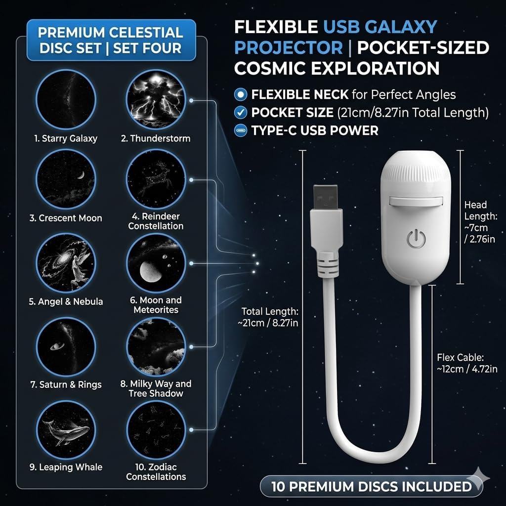 HD Galaxy Projector for Bedroom - 2-in-1 Star Projector Galaxy Light & Starry Night Light with 10 Film Discs, 360° Flexible Gooseneck & Ambient Base Ceiling Planetarium Projector image 4