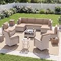 SnugVista Patio Furniture Set, 12-Piece Outdoor Sectional Sofa with Swivel Rocker Chairs & Ottomans, Wicker Patio Conversation Set with Coffee Table, Khaki Cushions
